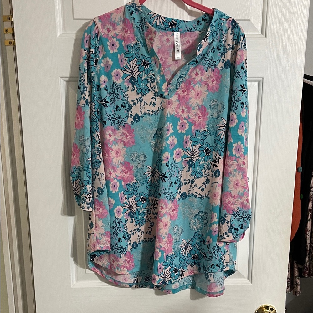 Floral Teal V-Neck Tunic with Pink Blooms